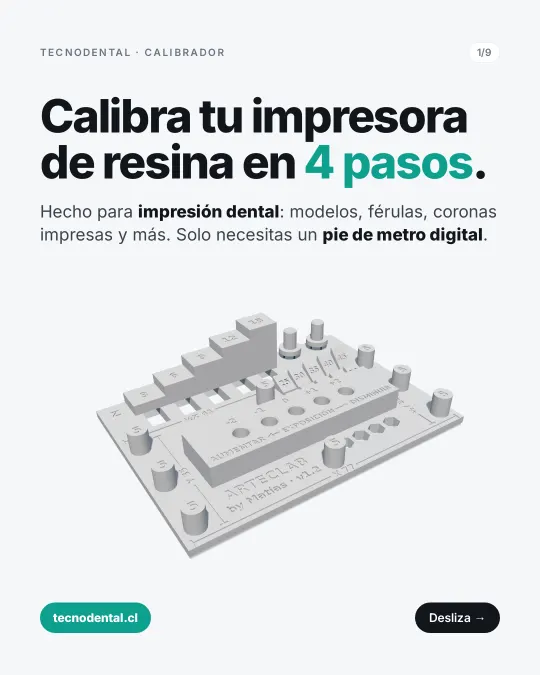 Portada: calibrador 3D con pines, escalones y agujeros. Título: Calibra tu impresora de resina en 4 pasos. Hecho para impresión dental.